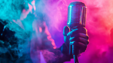 A close-up of a microphone being held by a singer on stage, with their hand gripping the mic as they belt out a song, with vibrant lighting and smoke effects.の素材
