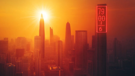 A city skyline under a scorching sun, with a thermometer graphic overlay showing extreme heat, emphasizing urban heat islands and climate change.の素材