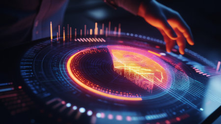 A close-up of a futuristic 3D pie chart projected in mid-air, with glowing segments representing market share, surrounded by a businessman analyzing the data.の素材