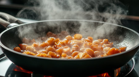 A bowl of caramelized shallots sizzling in a pan, with steam rising and a golden-brown color, illustrating the delicious transformation during cooking.の素材