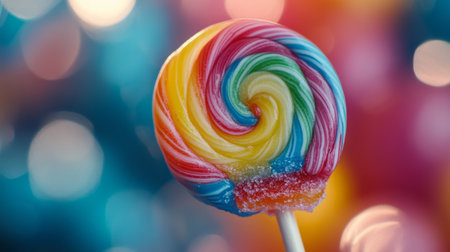 A close-up of a lollipop with a bite taken out, revealing its colorful layers, emphasizing the delightful experience of enjoying candy.の素材