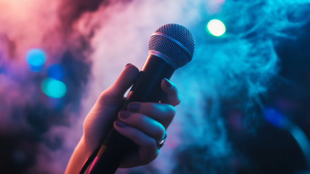 A close-up of a microphone being held by a singer on stage, with their hand gripping the mic as they belt out a song, with vibrant lighting and smoke effects.の素材