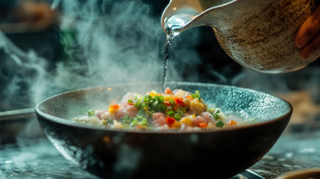 A close-up of a chef pouring freshly made into a bowl, with steam rising and colorful ingredients floating, capturing the art of cooking.の素材