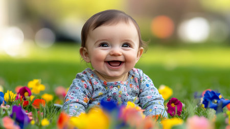 A baby with a big, adorable grin, wearing a cute outfit, sitting on a grassy lawn surrounded by colorful flowers, creating a joyful spring vibe.の素材