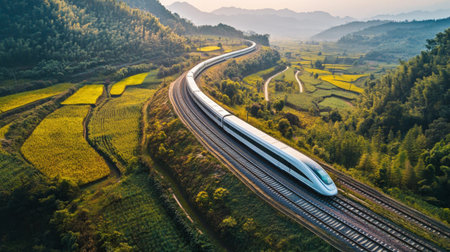 A bird's-eye view of a high-speed train moving along curved tracks in a rural area, showcasing its integration with natural landscapes.の素材