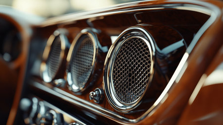 A close-up of a speaker grille in a luxury car, highlighting its craftsmanship and quality materials, with reflections from the dashboard in the background.の素材