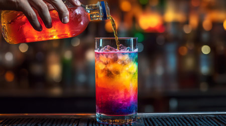 A bartender preparing a fruity cocktail with syrup, pouring a brightly colored liquid from a bottle into a tall glass filled with ice, ready to serve on a busy nightの素材