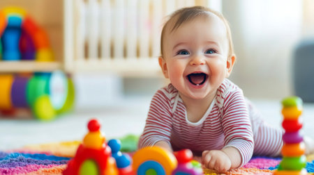 A baby laughing while playing with a colorful toy, with bright colors and dynamic energy, emphasizing the joy of early explorationの素材