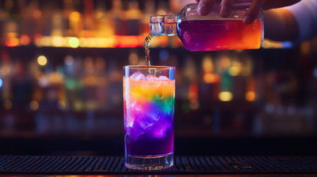 A bartender preparing a fruity cocktail with syrup, pouring a brightly colored liquid from a bottle into a tall glass filled with ice, ready to serve on a busy nightの素材