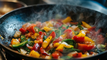 A close-up of a stir-fry dish featuring alongside colorful vegetables, sizzling in a hot wok, showcasing the dish's vibrant flavors.の素材