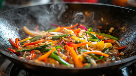 A close-up of a stir-fry dish featuring alongside colorful vegetables, sizzling in a hot wok, showcasing the dish's vibrant flavors.の素材