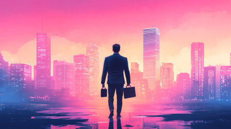 A confident businessman standing in front of a city skyline, holding a briefcase, with a smartphone in hand, representing ambition and success in finance.の素材