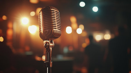 A close-up of a vintage microphone on a stand, glowing under the spotlight on a dark stage, ready for a live performance, with a blurred audience in the background.の素材