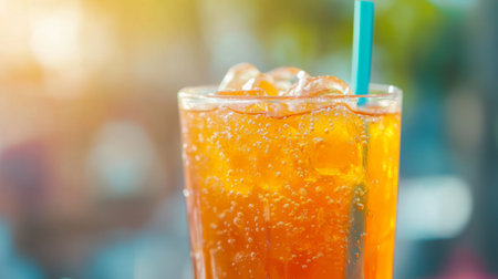 A close-up shot of a glass filled with Thai sweet syrup drink with crushed ice and a straw, refreshing and vibrant in the sunlight.の素材