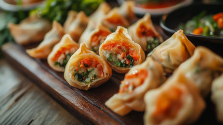 A close-up of freshly made filled with colorful fillings, placed on a rustic wooden table, showcasing their soft texture and vibrant colors.の素材
