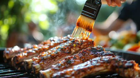 A close-up of grilled pork ribs being brushed with a sweet and spicy glaze, with a background of a busy barbecue setting and friends enjoying the feast.の素材