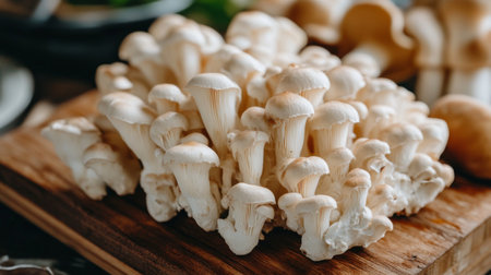 A close-up of fresh mushrooms on a wooden cutting board, showcasing their unique shape and texture, ready for cooking.の素材