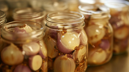 A close-up of shallots being pickled in jars, with spices and vinegar visible, capturing the art of preservation and flavor enhancementの素材