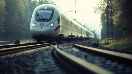 A close-up of the train's aerodynamic front as it speeds along the tracks, highlighting the engineering marvels behind high-speed rail technology.の素材