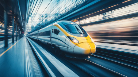 A close-up of the train's aerodynamic front as it speeds along the tracks, highlighting the engineering marvels behind high-speed rail technology.の素材