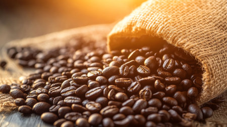 A close-up of roasted coffee beans spilling out of a burlap sack onto a rustic wooden table, with warm sunlight highlighting the rich textures of the beans.の素材