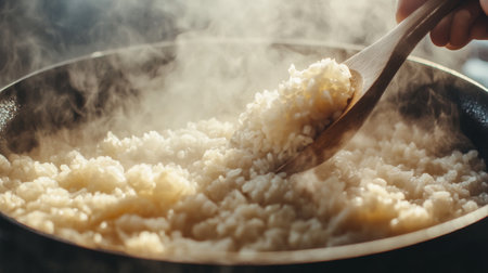 A close-up of rice being scooped from a pot with a wooden spoon, with steam rising and grains glistening, highlighting the freshness and warmth of the dish.の素材