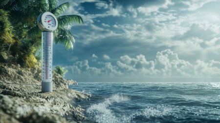 A coastal scene showing a thermometer next to rising sea levels, with visual indicators of climate change, capturing the urgency of environmental awareness.の素材