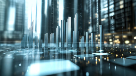 A creative 3D bar chart with metallic bars rising from a reflective surface, surrounded by floating data points and gridlines for a high-tech presentation.の素材