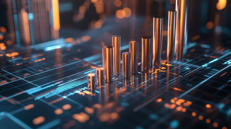 A creative 3D bar chart with metallic bars rising from a reflective surface, surrounded by floating data points and gridlines for a high-tech presentation.の素材