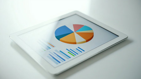 A digital tablet displaying a rotating 3D pie chart, with each segment representing market research data, set against a clean white workspace background.の素材