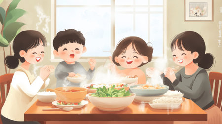 A family gathered around the dinner table, enjoying bowls of steaming with smiles and laughter, illustrating the joy of shared meals.の素材