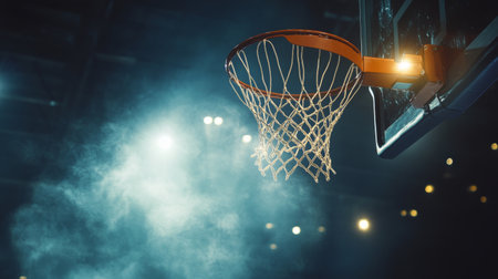 A dramatic shot of a basketball swishing through the net, with the backboard illuminated by bright gym lights, symbolizing the thrill of scoringの素材