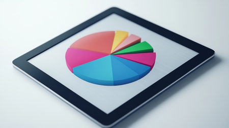 A digital tablet displaying a rotating 3D pie chart, with each segment representing market research data, set against a clean white workspace background.の素材