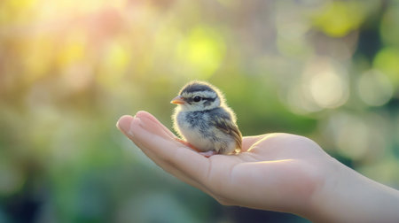 A hand gently holding a tiny baby bird, showcasing its delicate features and soft plumage, with a blurred nature scene in the background.の素材