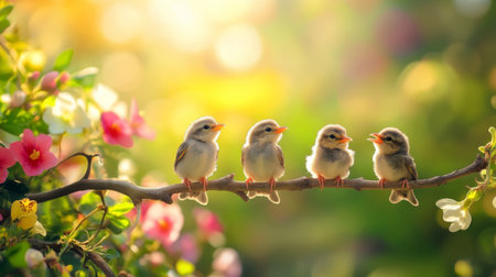 A group of adorable baby birds perched on a branch, chirping together in a sunny backyard, with a blurred background of colorful flowers.の素材
