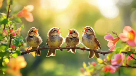 A group of adorable baby birds perched on a branch, chirping together in a sunny backyard, with a blurred background of colorful flowers.の素材