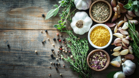 A health-focused arrangement of garlic with herbs and spices on a wooden table, highlighting its health benefits and role in natural remedies.の素材