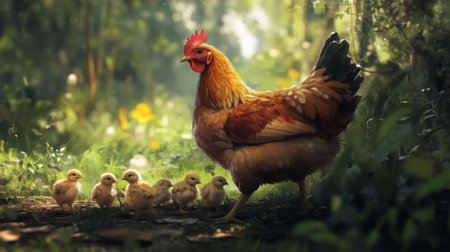 A free-range mother hen roaming in a field, pecking at the ground with her chicks nearby, set against a backdrop of lush greenery and rural scenery.の素材