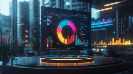 A glowing 3D pie chart surrounded by graphs and numerical data, emerging from a digital screen in a modern office setting, symbolizing data-driven business decisions.の素材