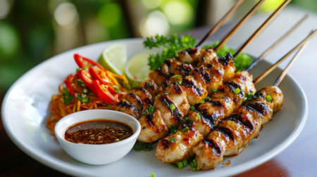 A plate of grilled served with a dipping sauce, beautifully presented on a table, capturing the appeal of a gourmet appetizerの素材