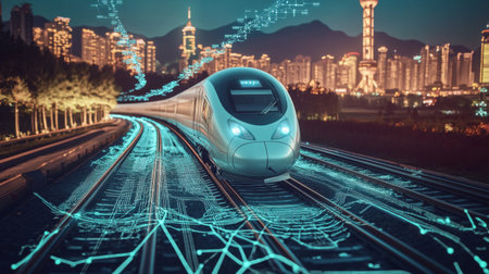 A map overlay showing high-speed rail routes across a country, with a high-speed train graphic, illustrating the extensive network of modern transportation.の素材