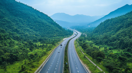 A scenic view of a long stretch of motorway winding through mountains, with lush greenery on either side, showcasing the beauty of road travel.の素材