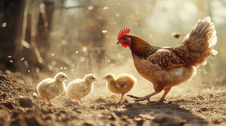 A mother hen teaching her chicks how to scratch the ground for food in a dusty barnyard, the dynamic between them illustrating the natural bond.の素材