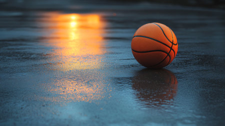 A peaceful scene of a lone basketball resting on an empty court at dusk, with fading light and shadows creating a reflective atmosphere.の素材