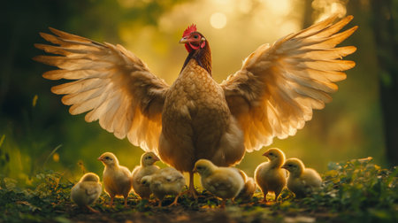 A mother hen spreading her wings wide to shelter her chicks beneath her on a cool evening, creating a sense of warmth and protection.の素材