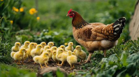 A mother hen surrounded by her fluffy yellow chicks, pecking the ground in a green farmyard, with the hen protectively watching over her young.の素材