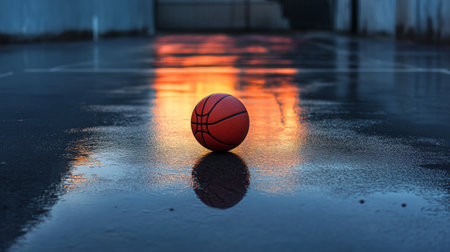 A peaceful scene of a lone basketball resting on an empty court at dusk, with fading light and shadows creating a reflective atmosphere.の素材