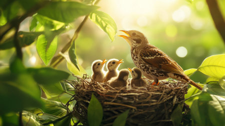 A mother bird feeding her chicks in a nest, with the baby birds eagerly reaching out, set against a backdrop of lush greenery and bright sunlight.の素材