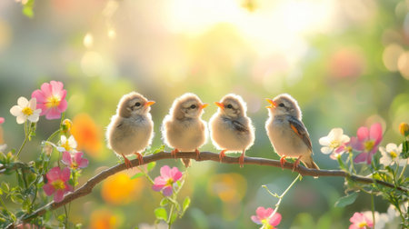 A group of adorable baby birds perched on a branch, chirping together in a sunny backyard, with a blurred background of colorful flowers.の素材