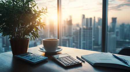 A serene home office scene featuring a calculator, a cup of coffee, and a window view of a city skyline, conveying a calm approach to financial planning.の素材